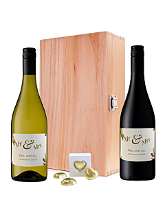 Prestige Wine Gift in Oxford Light Wood Hinged Box- Sauvignon Blanc & Cabernet Sauvignon, S. France - With Chocolate Hearts Box