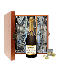 Personalised Grande Reserve Champagne Gift Set- with Signature Flutes & Heart Chocolates - In Luxury Cambridge Dark Wood Silk Lined Presentation Box