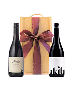 Duo of Luxury New Zealand Pinot Noir Wines in Wooden Box - Mahi Pinot Noir - Akitu A2 Pinot Noir
