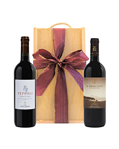 Tuscan Marchesi Antinori Red Wine Gift - Two Bottle Set in Wooden Presentation Box - Il Bruciato Guado al Tasso - Peppoli Chianti Classico
