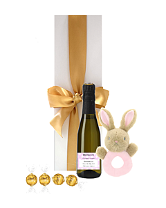 "Welcome New Baby Girl" Miniature Personalised Prosecco Gift - With Baby Rattle and a few Naughty Truffles 