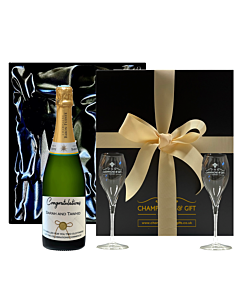 Deluxe Edition Wedding Champagne Gift - With Two Signature Flutes - Presented In Luxury Silky Lined Black Presentation Box 