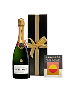 Bollinger champagne in black box with crushed coffee chocolate bar