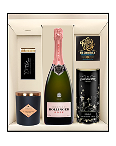 Bollinger Rosé Champagne, Deluxe Scented Candle & Goodies Hamper - with 72% Venezuelan Chocolate & Deluxe Biscuits