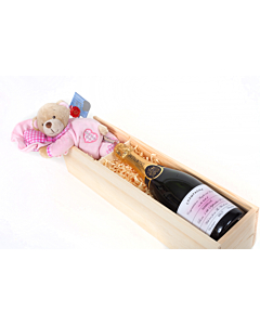 Personalised New Baby Champagne & Teddy - Presented in Wooden Gift Box