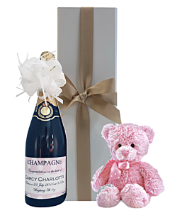 Champagne and Teddy in Presentation Box for Mother and Baby Girl
