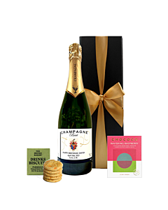 Personalised Champagne Taster Gift Box - With Savoury Drinks Biscuits & 72% Ecuador Ravishing Raspberry Chocolate
