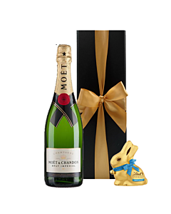 "Celebration" Easter Champagne Gift in Black Box - Personalised Moet Brut imperial & Swiss Chocolate Bunny
