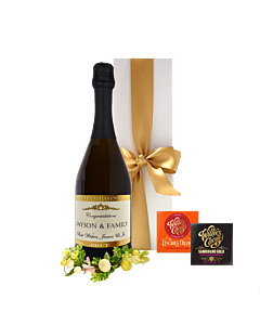 "Easter Delightful" Personalised Classic Cuveé Prosecco Gift - With Venezuealan 72% Cacao Chocolates - Bottle Decorated With Easter Floral Circle 