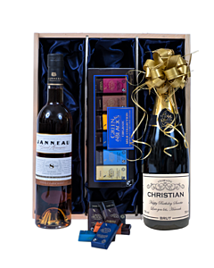 Personalised Champagne, Janneau Armagnac & Mini Chocolates - Presented in Classic Wooden Box