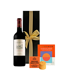 Personalised Chateau Lamartine, Malbec with Savoury Drinks Biscuits and Ginger Studded Chocolate - in Black Presentation Box
