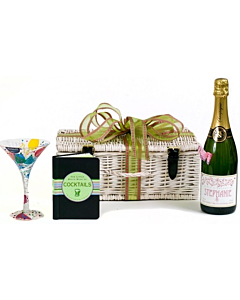 "Annabelle" Prosecco Cocktail & Chocolate Hamper - With Hand-Painted Cocktail Glass in Luxury White Wicker 