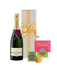 Personalised Moet Brut Imperial Champagne - With Savoury Drinks Biscuits and Raspberry Dark Chocolate - In White Gift Box