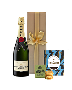Personalised Moet Brut Imperial Champagne - With Savoury Drinks Biscuits and Maldon Sea Salt Chocolate - In Gold Gift Box