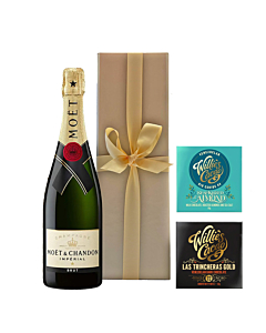 Moet Brut Imperial Champagne in Gold Box - With 2 x Venezuelan Chocolate Bars - Sea Kissed Almond + Dark Chocolate