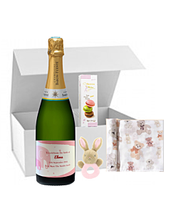 "Hello World" Champagne Hamper (For Boy or Girl) - with Cute Bunny Rattle, Snuggle Blanket & Macarons