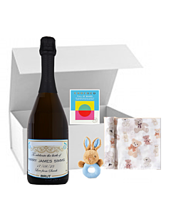 "Hello World" Classic Cuvée Prosecco Hamper - Cute Bunny Rattle, Snuggle Blanket & Chocolatwe (Boy or Girl)