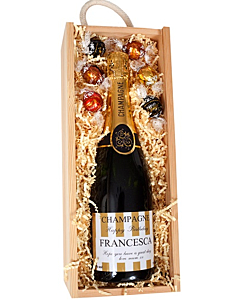 Bottle of Personalised Champagne with chocolates in wooden box