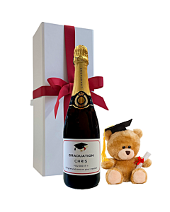 Personalised Graduation Champagne & Graduation Bear - Presented In Deluxe Large White Gift Box