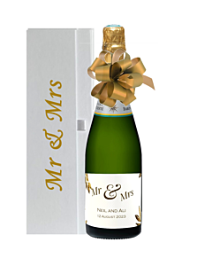 "Mr & Mrs" Personalised Champagne Wedding Gift - In Mr & Mrs Wedding Gift Box with Hand Tied Bow