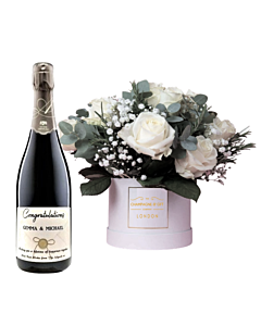  Pure Pleasure, Personalised Champagne & White Roses - Stunning Hat Box Flower Gift