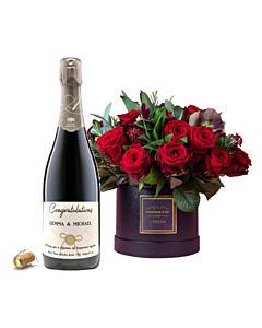 "Scented Love" Stunning Hat Box Flower Gift - Personalised Premier Cru Champagne & Red Roses - 