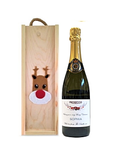 Rudolph Christmas Wooden Presentation Box of Personalised Prosecco