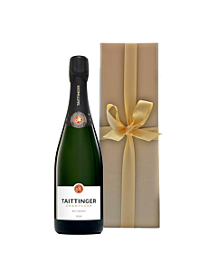 Taittinger Brut Reserve Champagne bottle with Black gift box and red ribbon