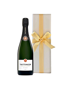Taittinger Brut Reserve Champagne bottle with Black gift box and red ribbon