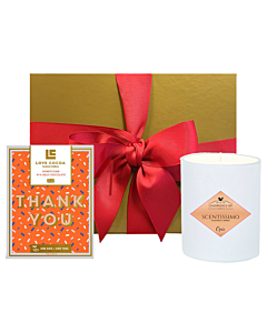 Thank You Chocolate & Scented Candle Gift Set - Presented in Gold Presentation Box With Hand-Tied Bow