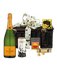 Personalised Veuve & Chocolate Hamper - Presented in Wicker Hamper With Large Hand tied Bow