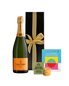 Personalised Veuve Clicquot Yellow Label - With Savoury Drinks Biscuits and "Smarties" Chocolate Bar - In Black Gift Box