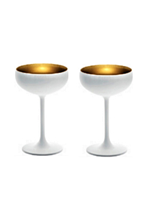 2 x "Elegante" Champagne Coupes White with Glistening Gold Interior - Stylish Champagne Saucer With Broad Bowl & Slender Stem