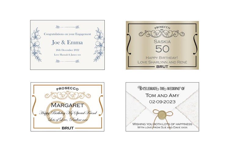 4 prosecco labels with different messages. Label 1 - engagement, label 2 and 3 - birthday, label 4 - wedding