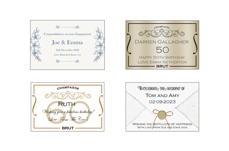 4 champagne labels with different messages. Label 1 - engagement, label 2 and 3 - birthday, label 4 - wedding