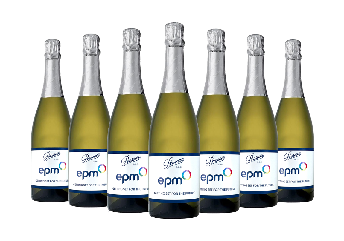 7 bottles of branded Prosecco for business with corporate logo