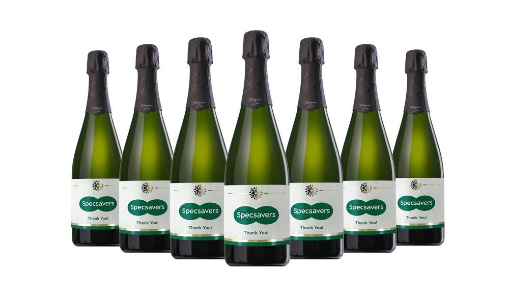 7 bottles of branded champagne with branded labels