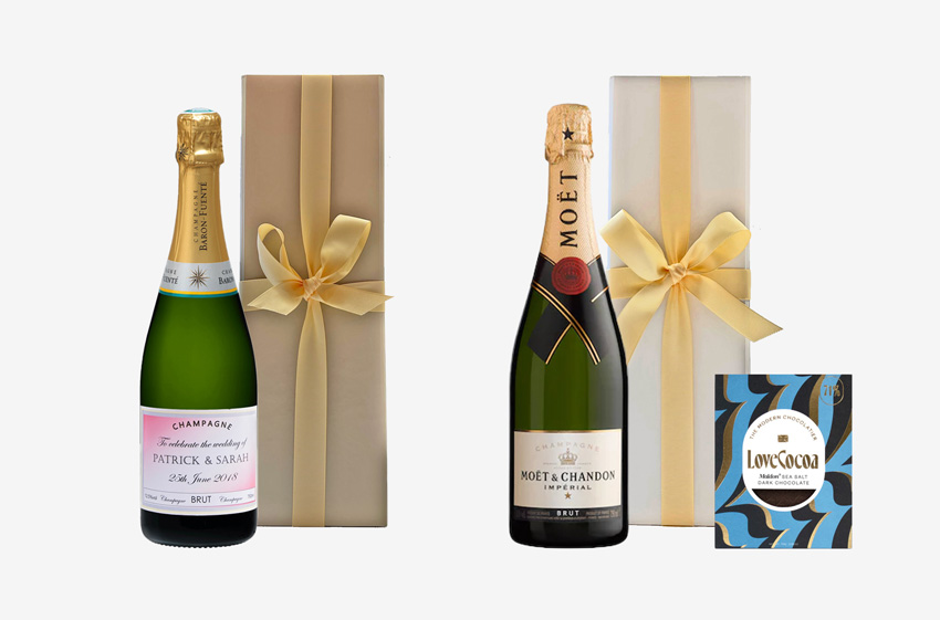 wedding champagne gifts - Moet gift and chocolates
