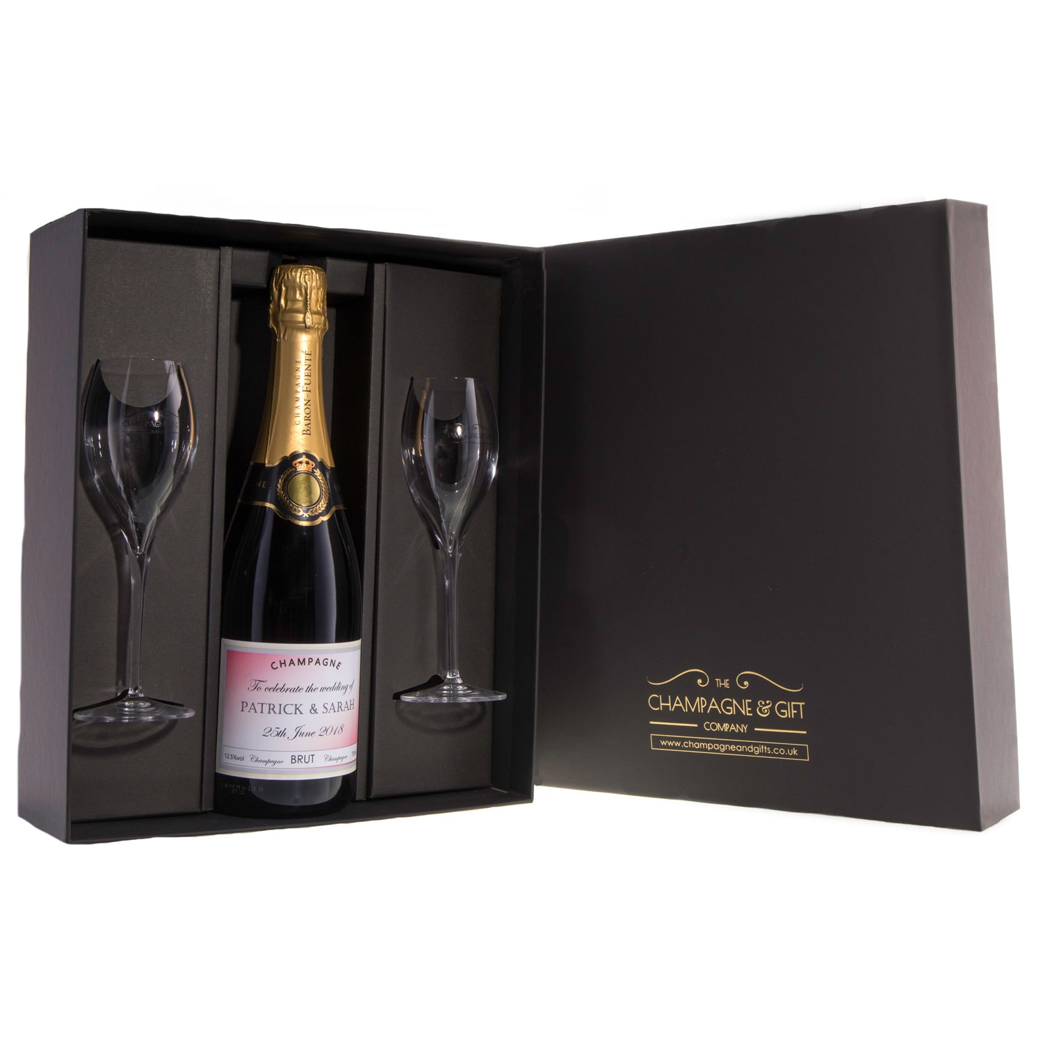 personalised champagne box with flutes