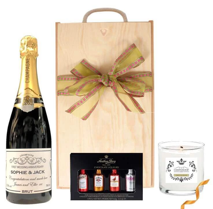 Personalised champagne and liquer chocolates and scented candle in wooden gift box