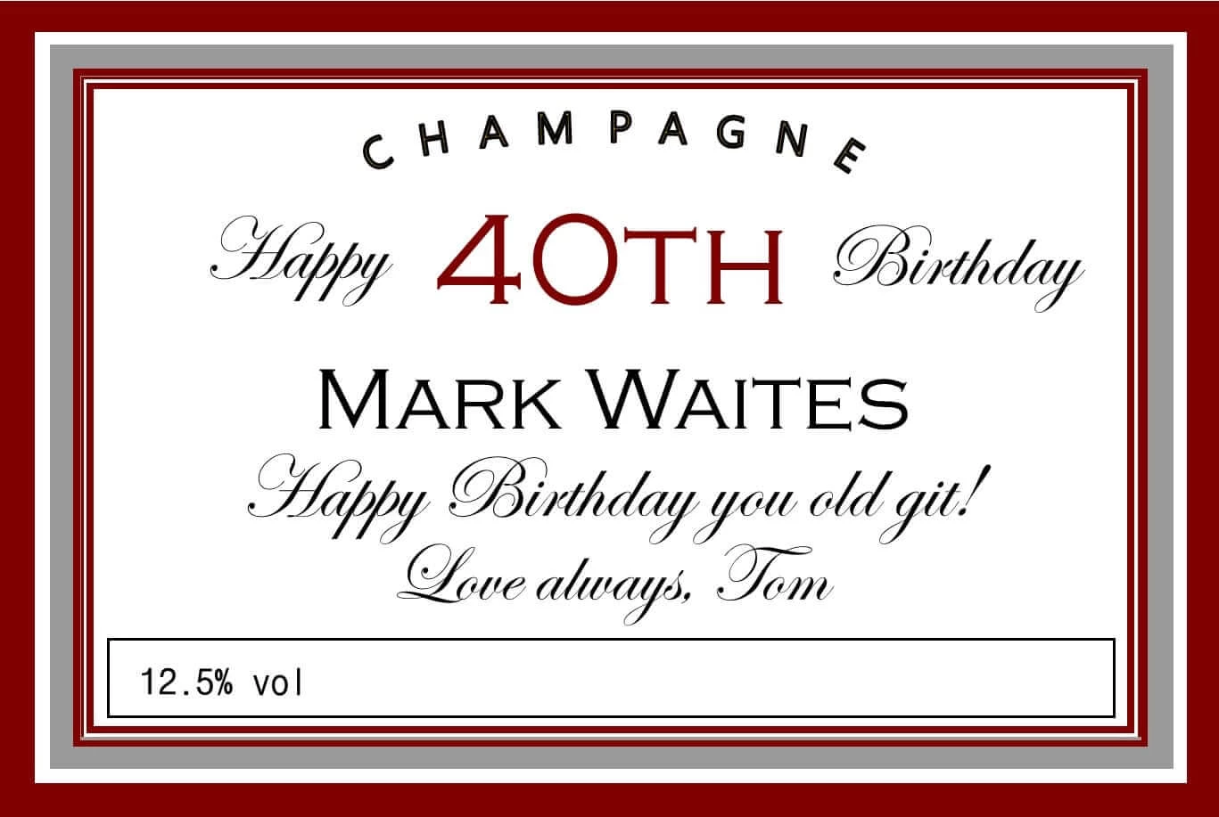 personalised birthday champagne label maroon silver