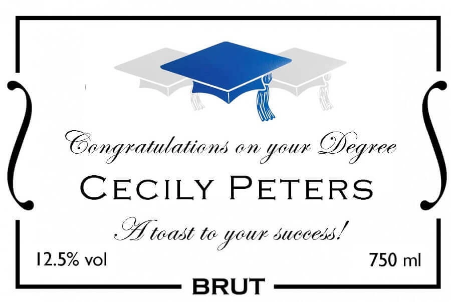 personalised champagne graduation label blue